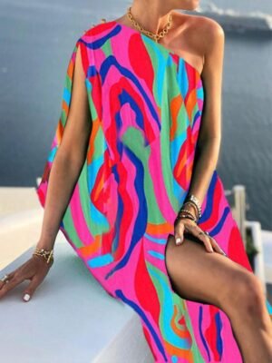 woman-wearing-solid-color-one-shoulder-loose-long-dress