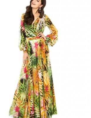 woman-wearing-leaf-print-maxi-beach-dress