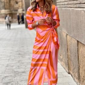 woman-wearing-tie-up-split-striped-long-dress