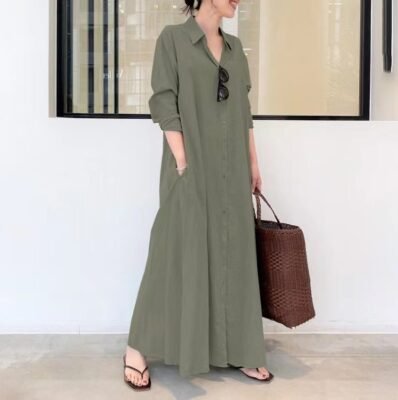 woman-wearing-chic-pocket-shirt-plain-long-sleeve-maxi-dress