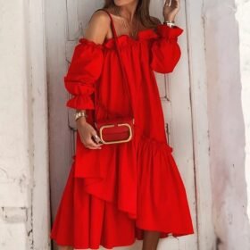 woman-wearing-off-shoulder-oversized-pleated-long-sleeve-midi-dress