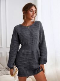 woman-wearing-honeycomb-knit-brown-sweater-casual-dress