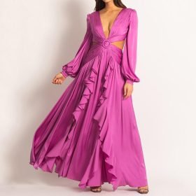 woman-wearing-pleated-solid-color-ruffled-dress