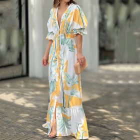 woman-wearing-print-short-puff-sleeve-dress