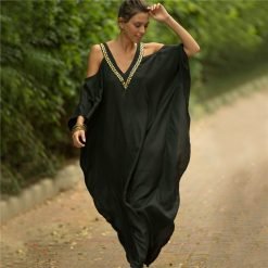 woman-wearing-v-neck-bats-sleeve-loose-dress