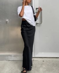 woman-wearing-satin-solid-color-slim-high-waist-skirt