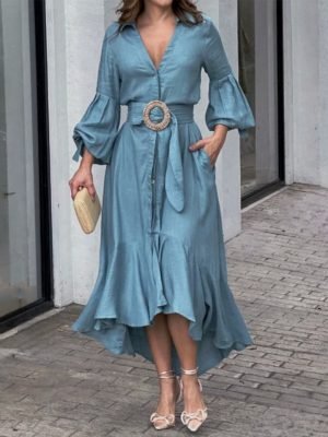 woman-wearing-vintage-lapel-lantern-sleeve-dress