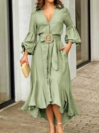woman-wearing-vintage-lapel-lantern-sleeve-dress