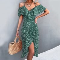 woman-wearing-sexy-floral-print-straps-ruffled-dress