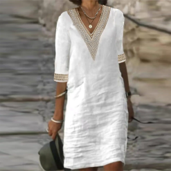 woman-wearing-casual-mid-sleeve-cotton-linen-dress