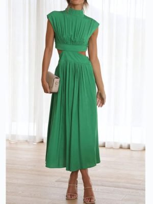 woman-wearing-sleeveless-a-line-shirring-long-dress