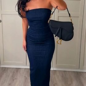 woman-wearing-sexy-denim-strapless-zipper-split-dress